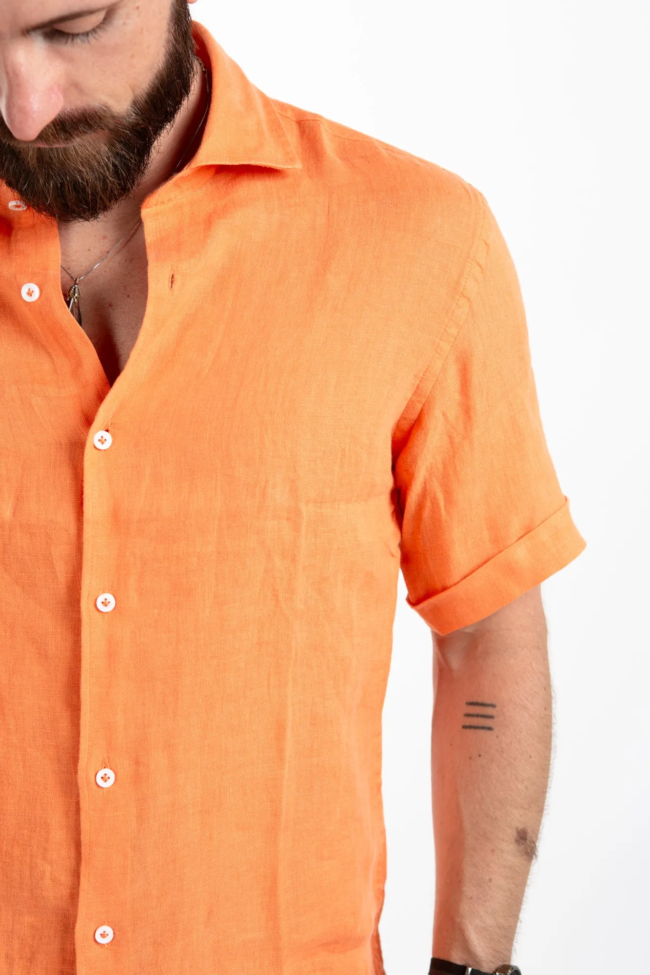 Short Sleeve Linen Shirt - Tangerine