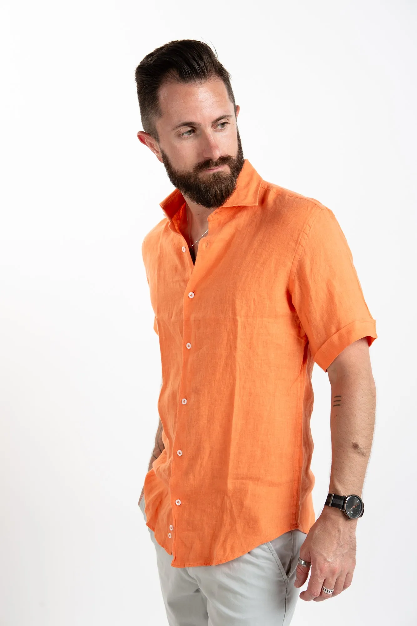 Short Sleeve Linen Shirt - Tangerine
