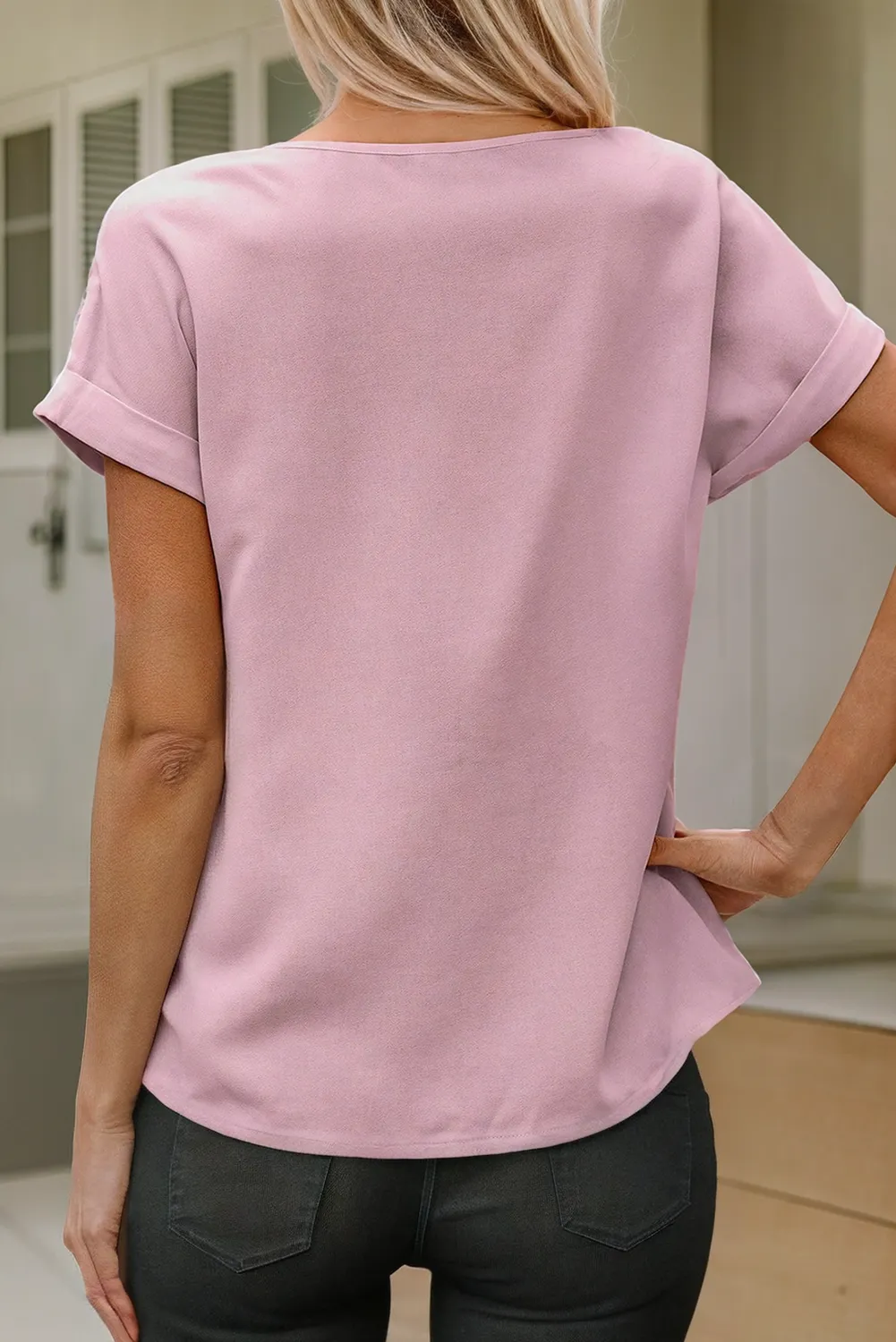 Solid Pleated Patched Crew Neck Tee