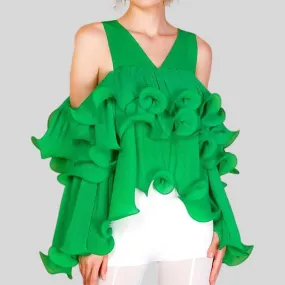 V Neck Long Sleeve Off Shoulder Patchwork Ruffle Short Top