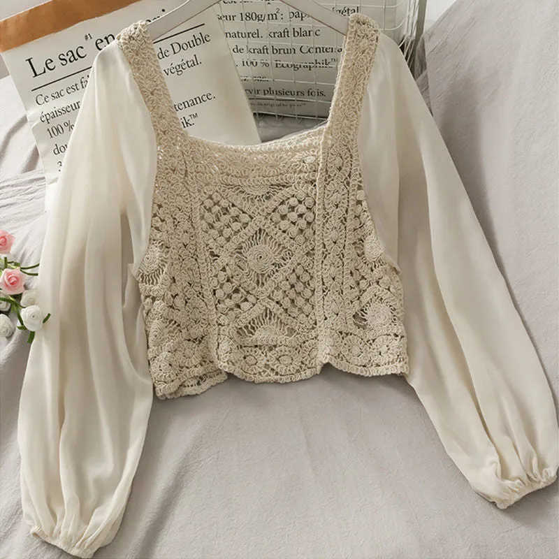 Vintage Women Thin Shirts Hollow Puff Sleeve Square Collar Slim Blouses Ladies Tops