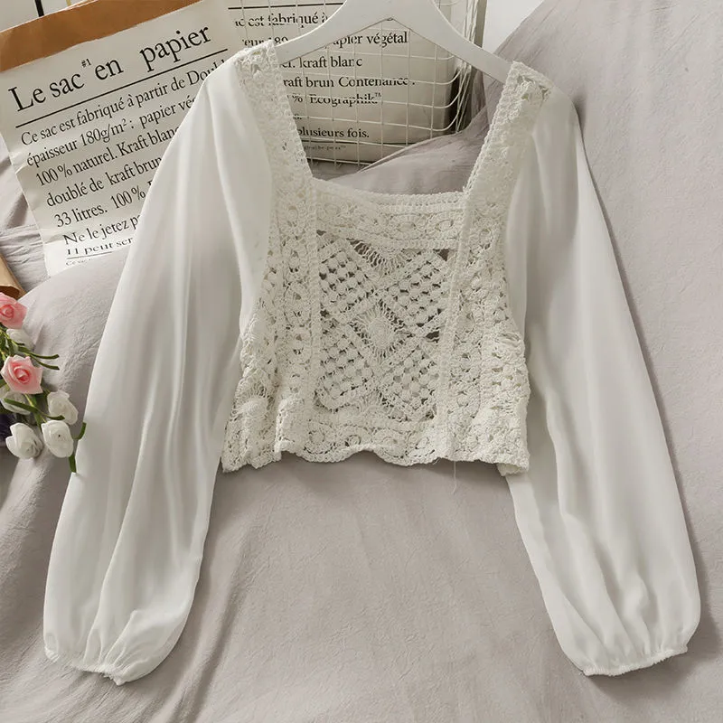 Vintage Women Thin Shirts Hollow Puff Sleeve Square Collar Slim Blouses Ladies Tops