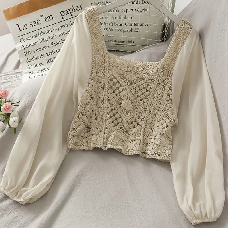Vintage Women Thin Shirts Hollow Puff Sleeve Square Collar Slim Blouses Ladies Tops