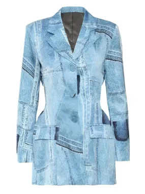 Wenkouban-Winter outfits Christmas Denim Print Cut Out Waist Fashion Blazer Jacket