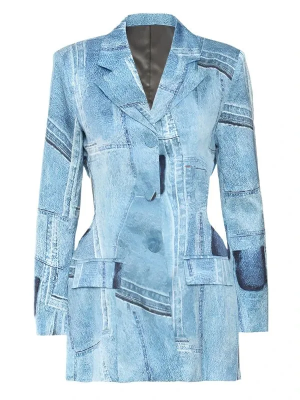 Wenkouban-Winter outfits Christmas Denim Print Cut Out Waist Fashion Blazer Jacket