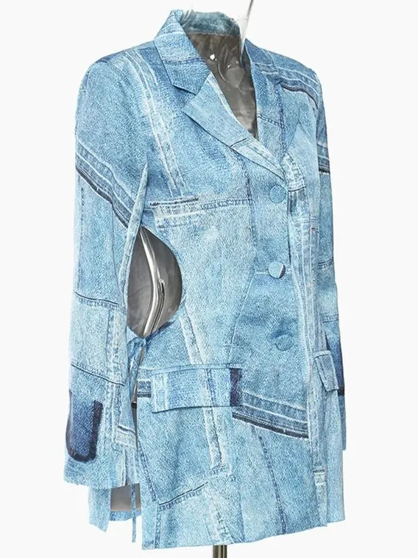 Wenkouban-Winter outfits Christmas Denim Print Cut Out Waist Fashion Blazer Jacket