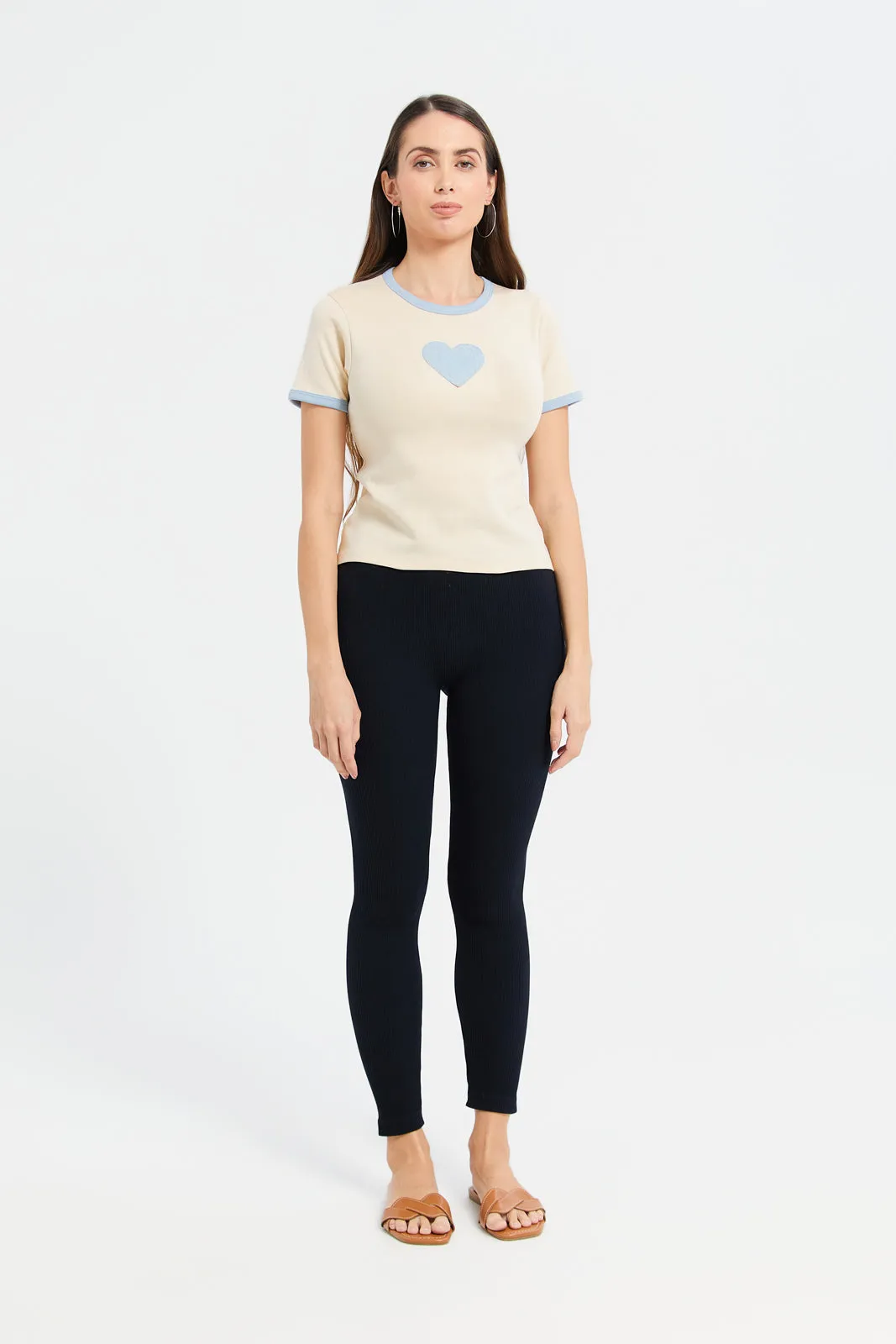 Women Beige Embellished Contrast T-Shirt