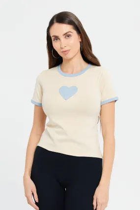 Women Beige Embellished Contrast T-Shirt