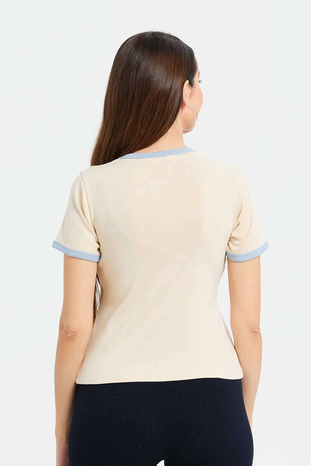 Women Beige Embellished Contrast T-Shirt