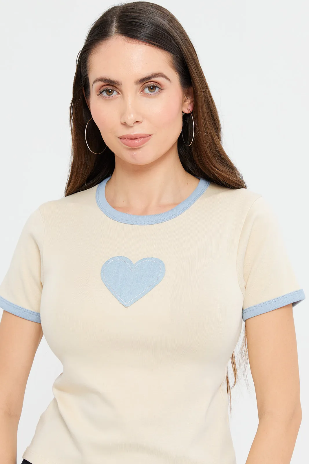 Women Beige Embellished Contrast T-Shirt