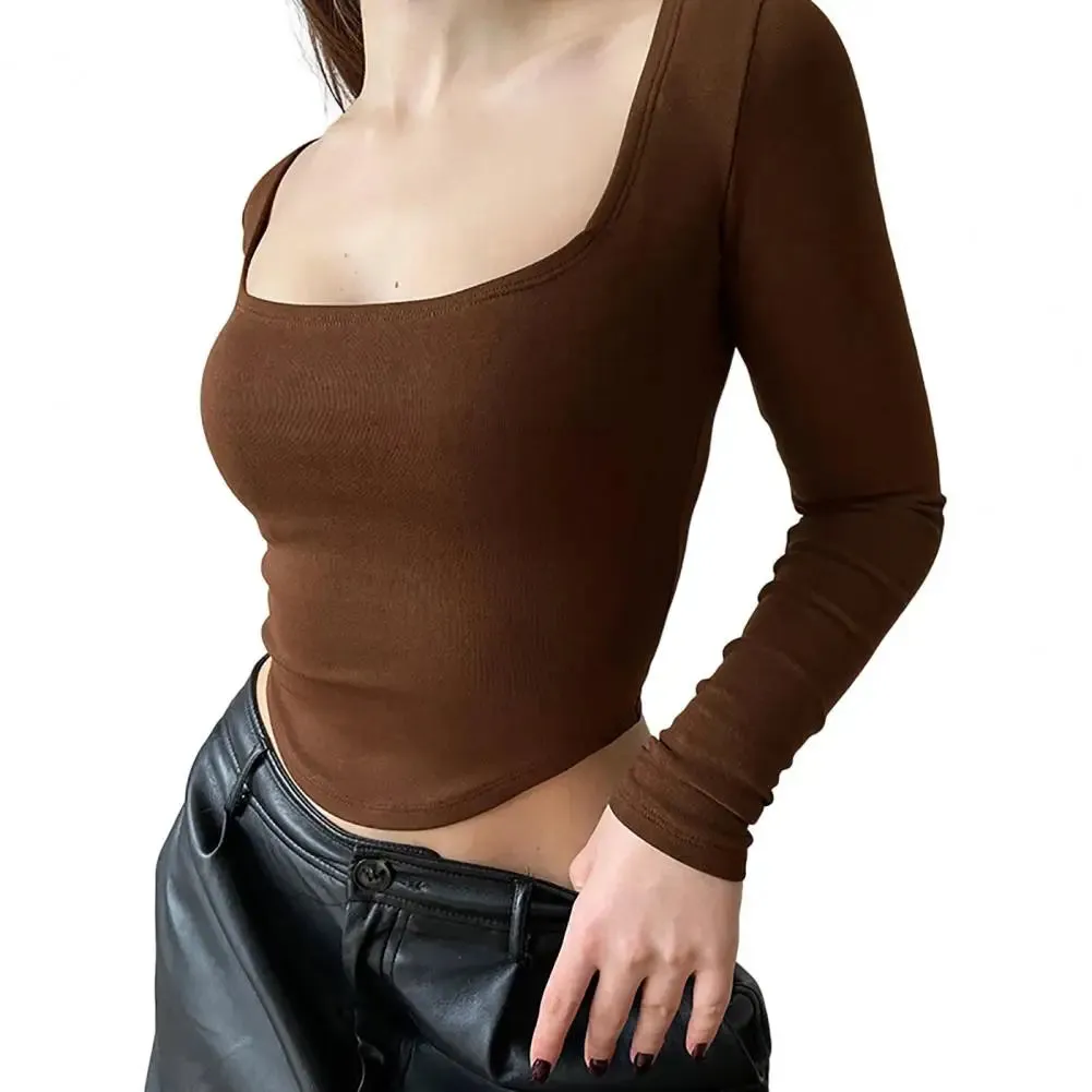 Women U-Neck Long Sleeves Color Skinny Navel Crop Top