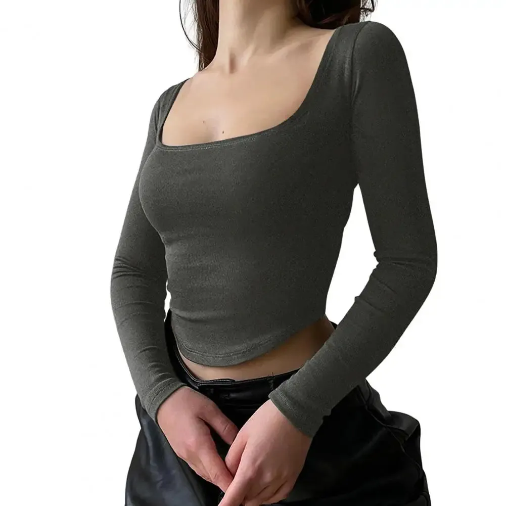 Women U-Neck Long Sleeves Color Skinny Navel Crop Top