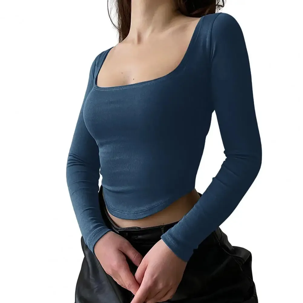 Women U-Neck Long Sleeves Color Skinny Navel Crop Top