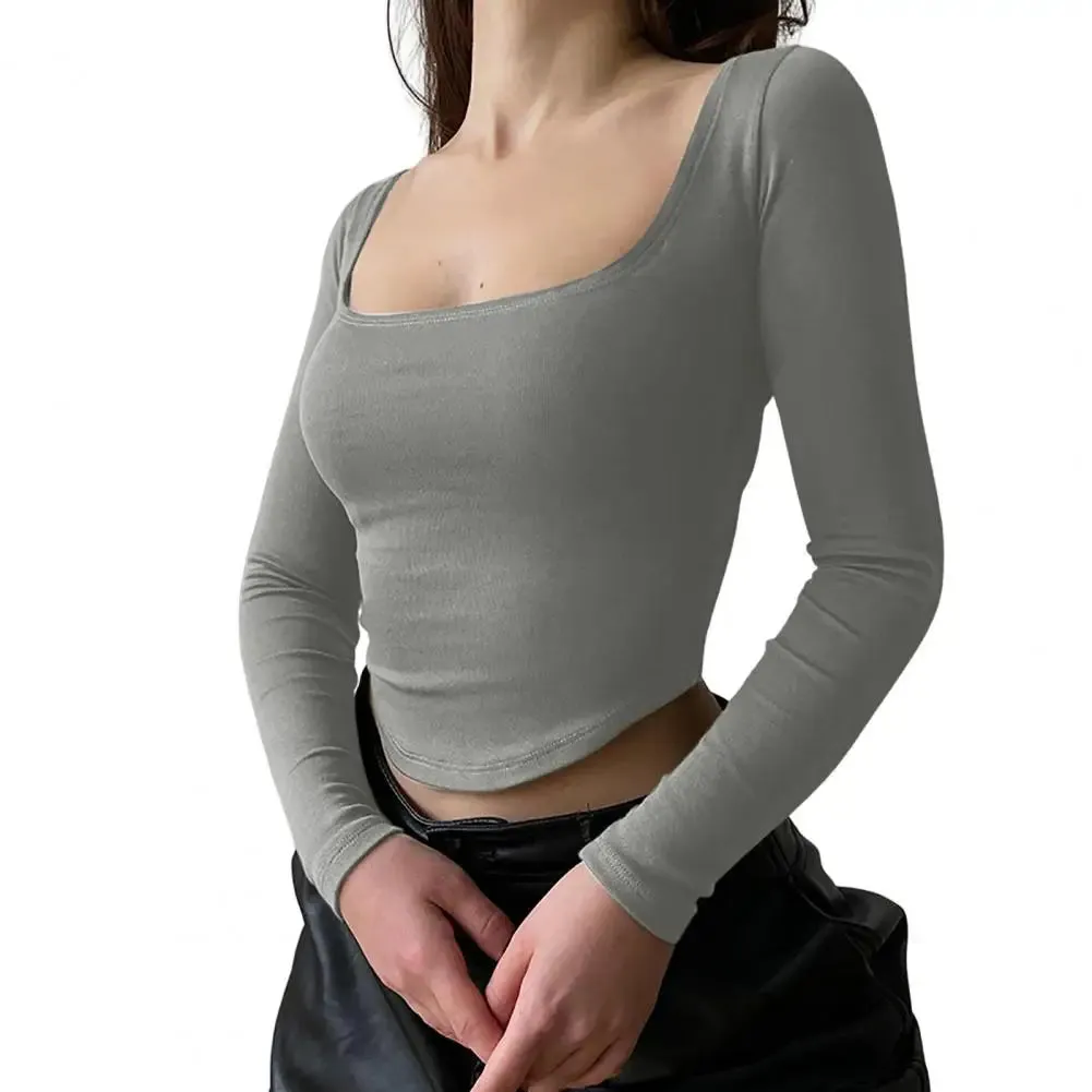 Women U-Neck Long Sleeves Color Skinny Navel Crop Top
