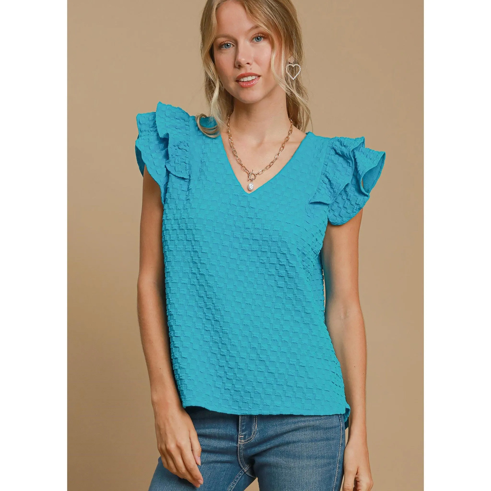 Women's Azure Waffle Ruffle Short Sleeve Shirt