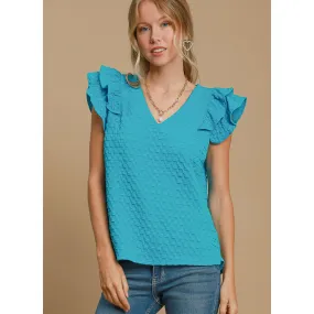 Women's Azure Waffle Ruffle Short Sleeve Shirt