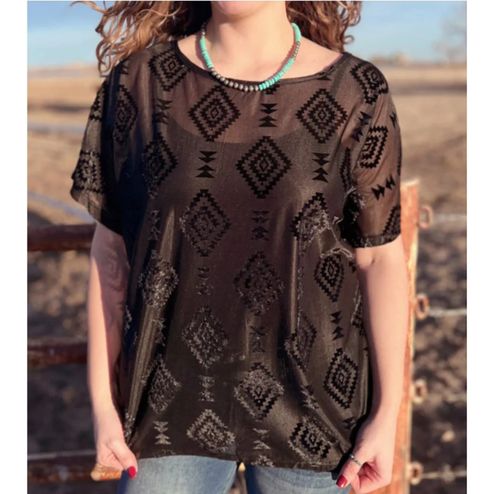 Women's Black Velvet Aztec Mesh Short Sleeve