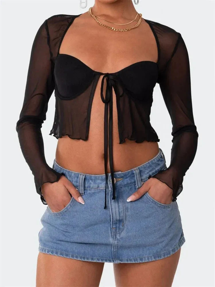 Women's Mesh Sheer See Through Long Sleeve Spring Summer Front Split Tie-up Crop Tops Clubwear Blouse