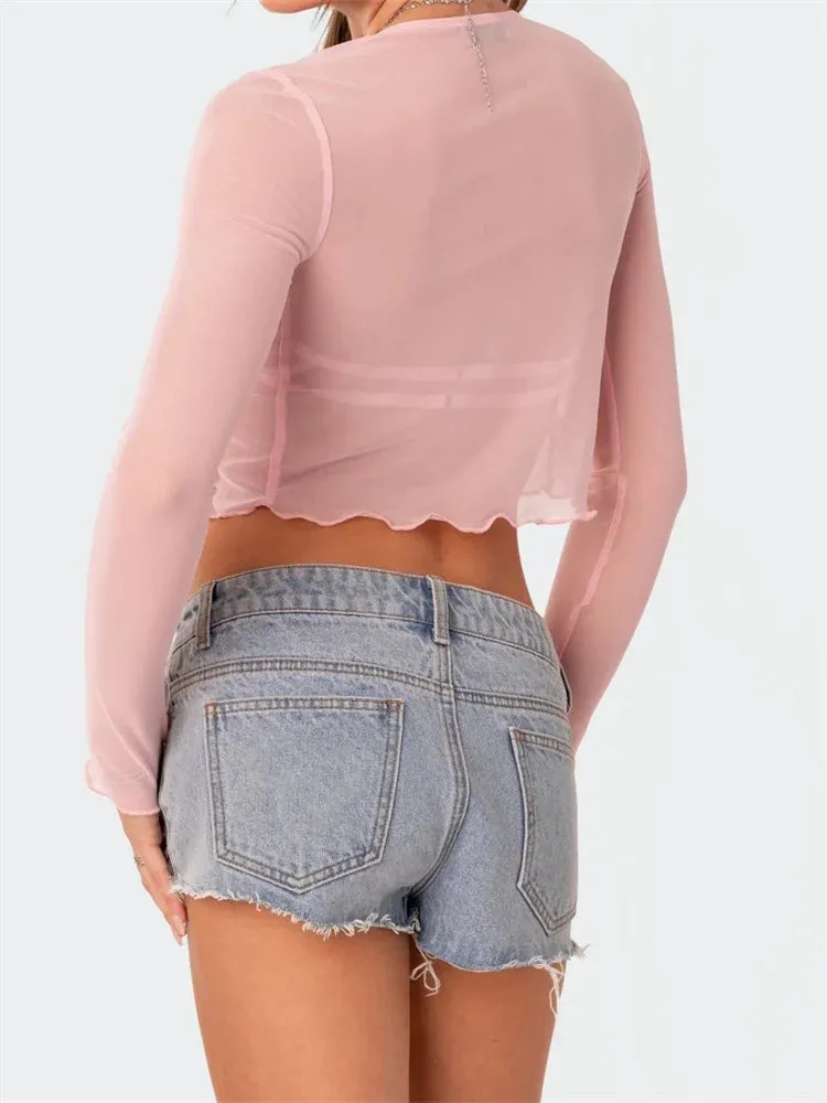 Women's Mesh Sheer See Through Long Sleeve Spring Summer Front Split Tie-up Crop Tops Clubwear Blouse