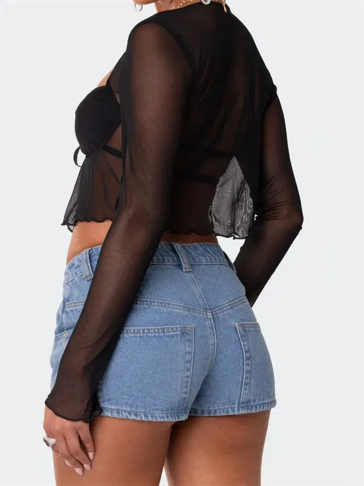 Women's Mesh Sheer See Through Long Sleeve Spring Summer Front Split Tie-up Crop Tops Clubwear Blouse