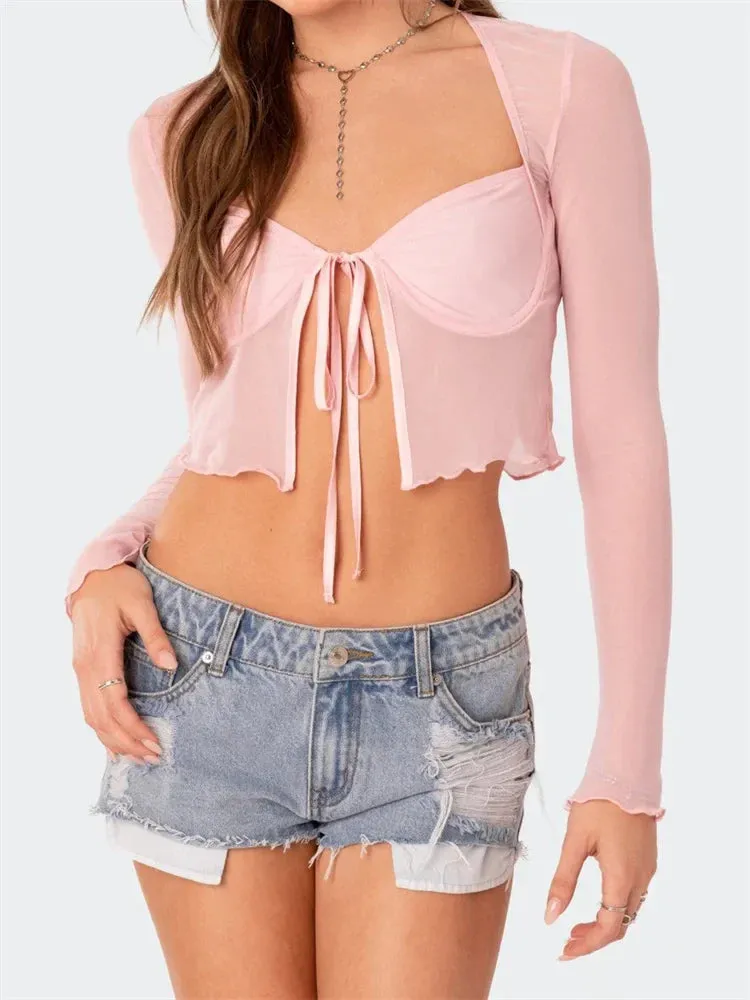 Women's Mesh Sheer See Through Long Sleeve Spring Summer Front Split Tie-up Crop Tops Clubwear Blouse