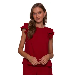 Women's Solid Burgandy Ruffle Short Sleeve
