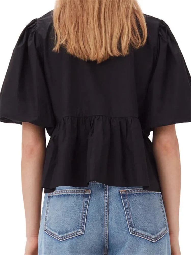 Women's Striped Print Puff Sleeve Front Tie-up Loose Casual Crop Tops Streetwear Blouse