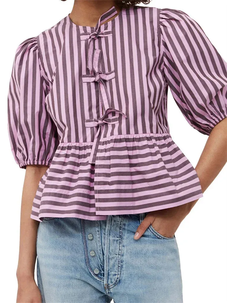 Women's Striped Print Puff Sleeve Front Tie-up Loose Casual Crop Tops Streetwear Blouse