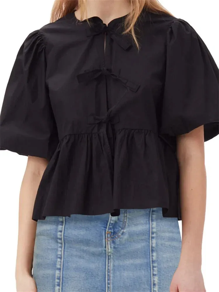 Women's Striped Print Puff Sleeve Front Tie-up Loose Casual Crop Tops Streetwear Blouse
