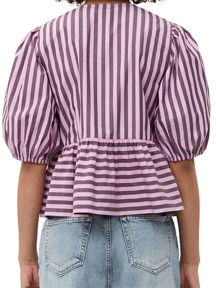 Women's Striped Print Puff Sleeve Front Tie-up Loose Casual Crop Tops Streetwear Blouse