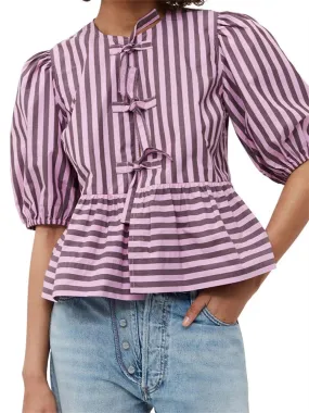 Women's Striped Print Puff Sleeve Front Tie-up Loose Casual Crop Tops Streetwear Blouse