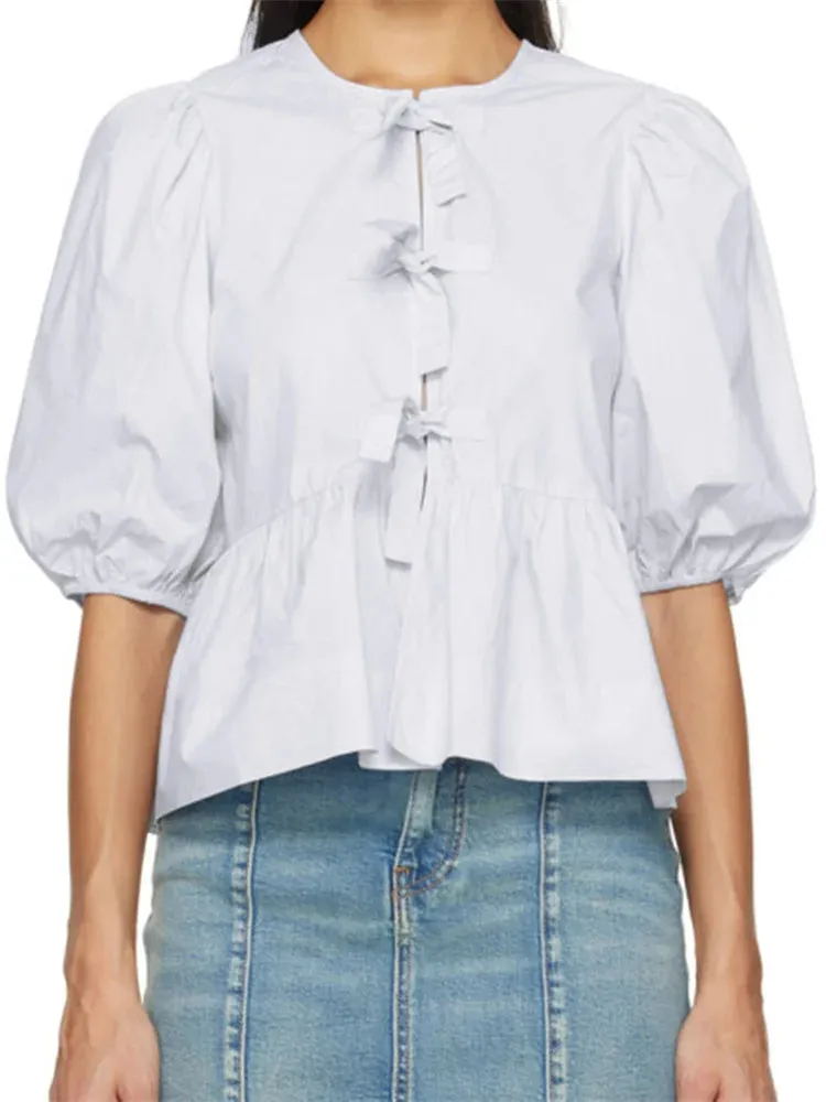 Women's Striped Print Puff Sleeve Front Tie-up Loose Casual Crop Tops Streetwear Blouse